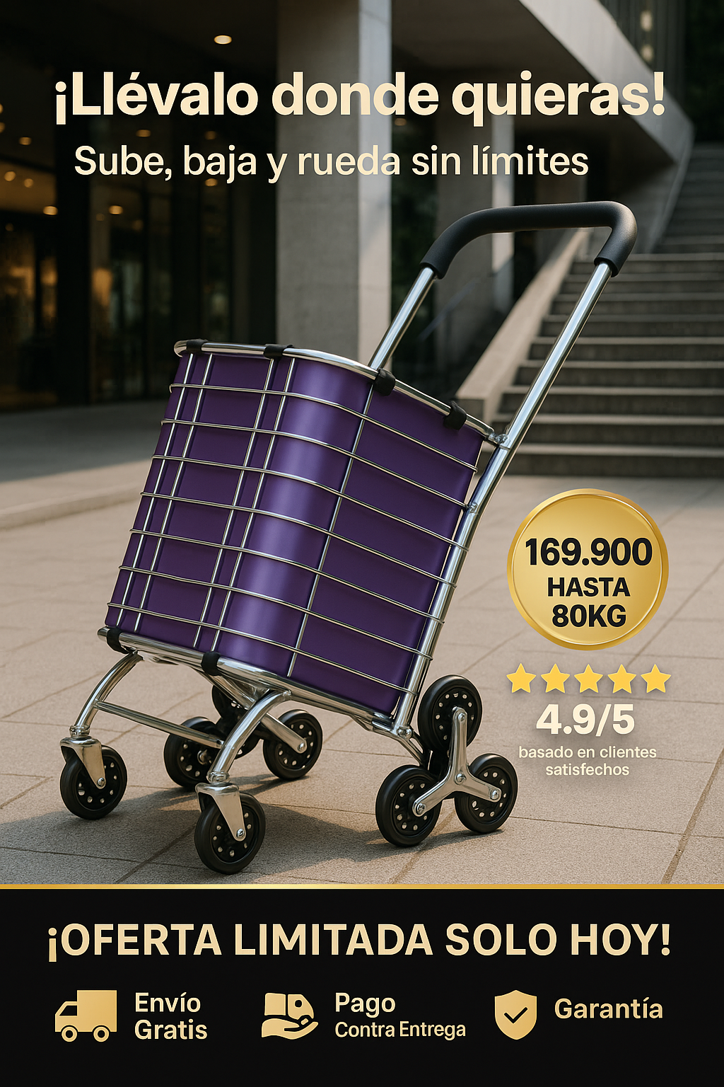 Carrito de compras con ruedas giratorias para subir escaleras (80Kg)
