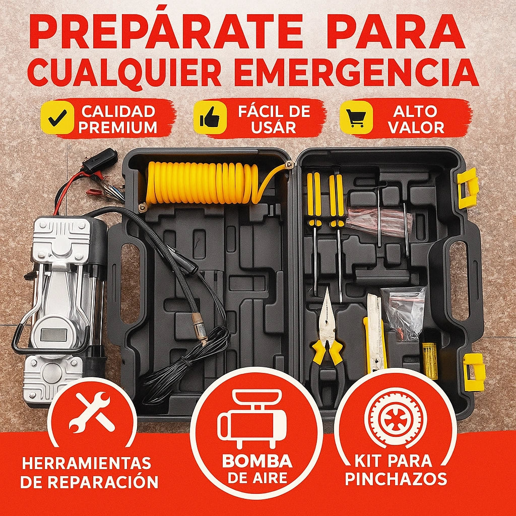 COMPRESOR DOBLE PISTON +KIT DE HERRAMIENTAS Y REPARACION DE LLANTAS