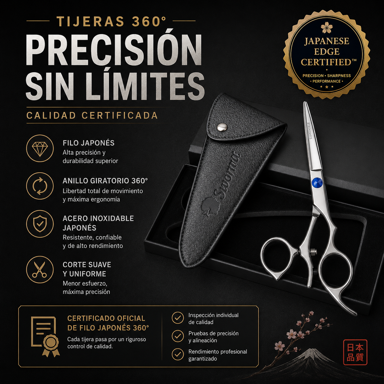 Tijeras filo japones profesionales 360° con anillo giratorio