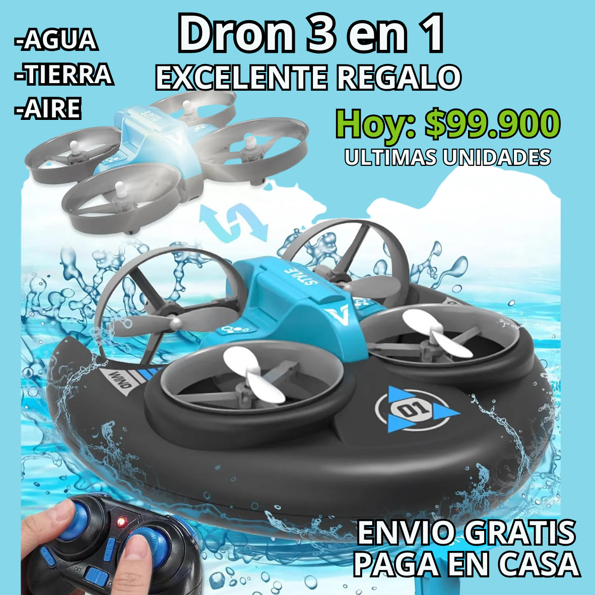 Drone 3 en 1 Tierra,agua,aire, Recargagle USB. El regalo perfecto para los niños!
