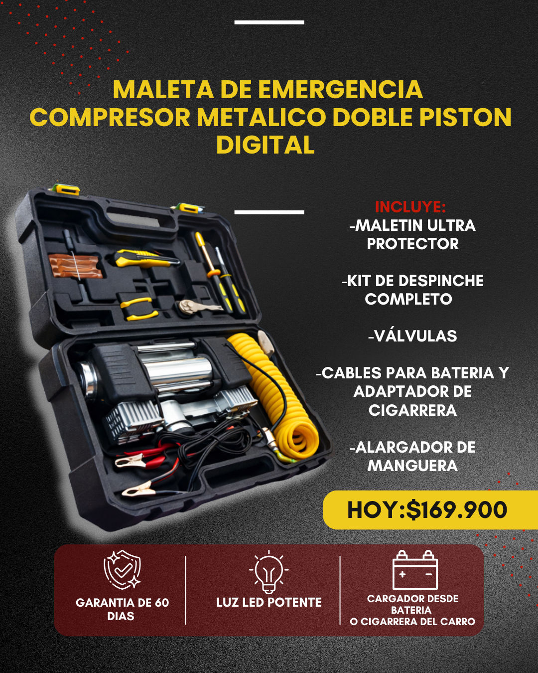 COMPRESOR DOBLE PISTON +HERRAMIENTAS Y REPARACION DE LLANTAS