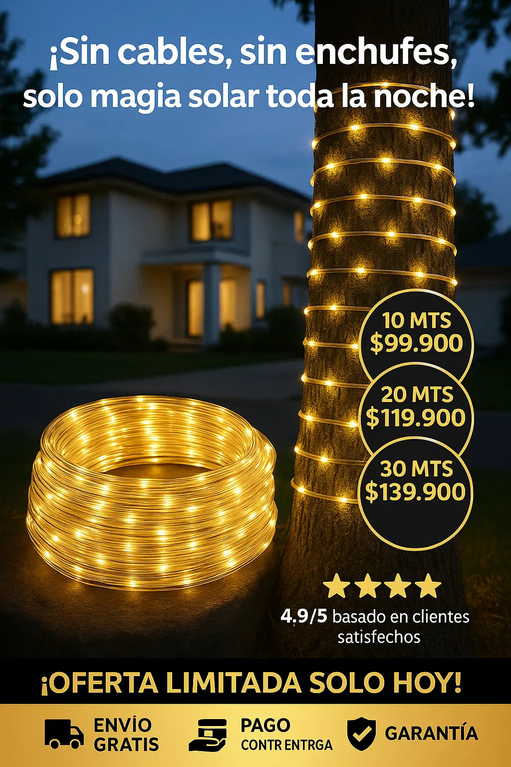 Manguera LED Solar Pro™ 20m – 400 LEDs Iluminación Automática Exteriores 🌟