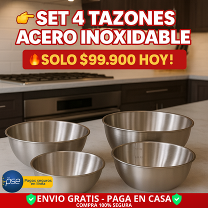 Set De Tazones De Acero Inoxidable X 4 UNDS! ¡PROMO ESPECIAL! -35% DSCTO