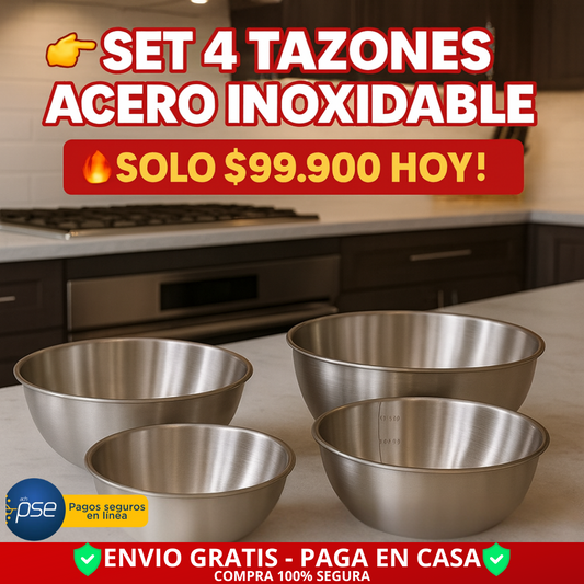 Set De Tazones De Acero Inoxidable X 4 UNDS! ¡PROMO ESPECIAL! -35% DSCTO