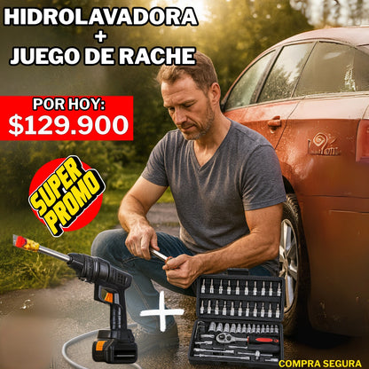 Hidrolavadora + 2 baterías + Juego de Rache 46 piezas SUPER COMBO!!⭐