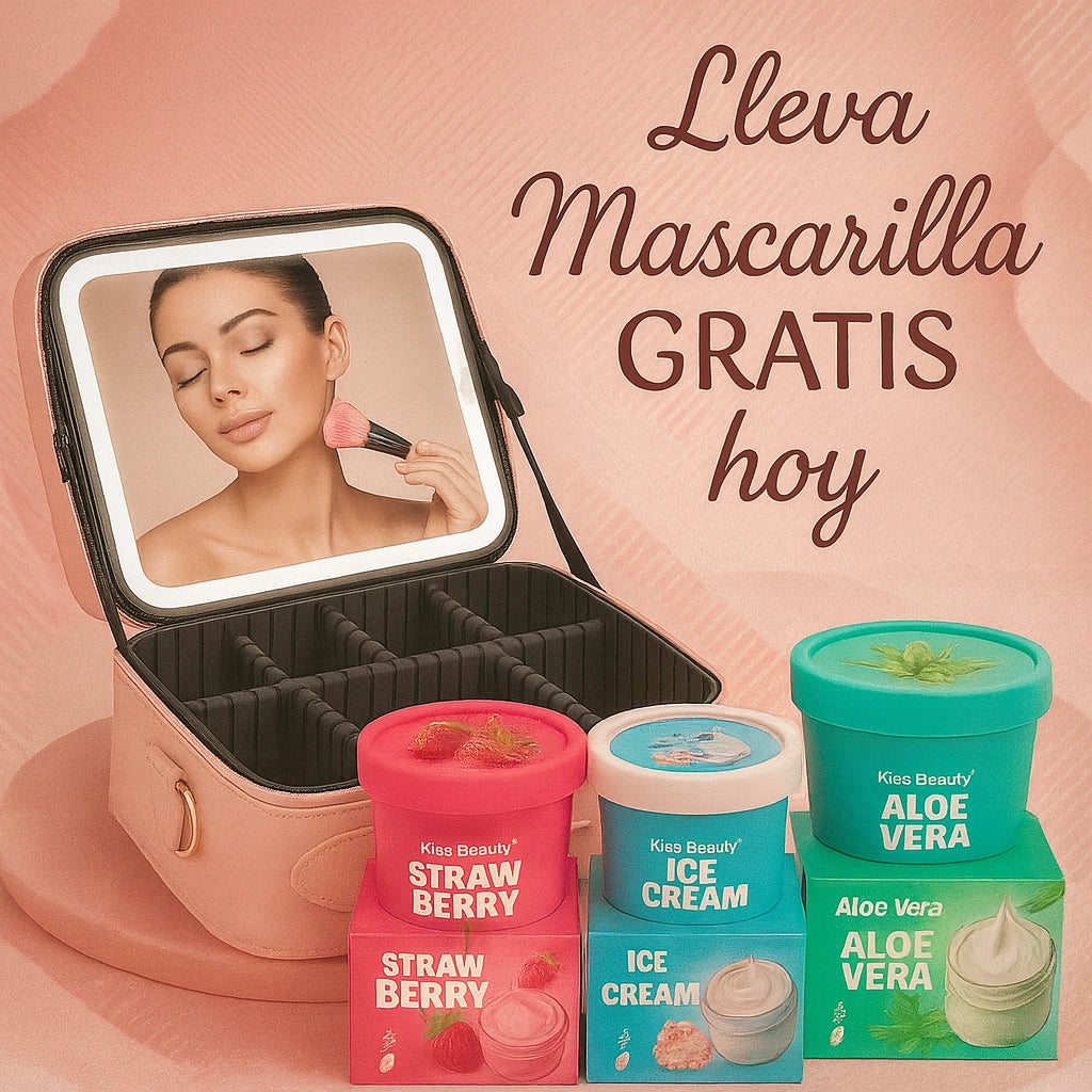 Cosmetiquera con Espejo LED USB 🔋 | Incluye Mascarilla + Porta Brochas GRATIS 🎁✨