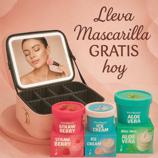 Cosmetiquera con Espejo LED USB 🔋 | Incluye Mascarilla + Porta Brochas GRATIS 🎁✨