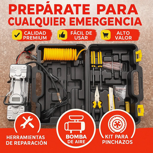 COMPRESOR DOBLE PISTON +KIT DE HERRAMIENTAS Y REPARACION DE LLANTAS